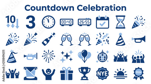 Billede på lærred New Year Countdown Celebration Icons Set Featuring Festive Party Elements and Ti