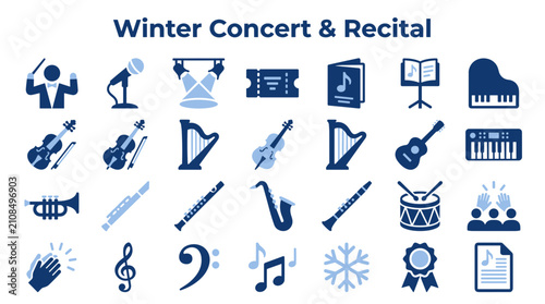Obraz na plátně Collection of blue musical instrument icons for winter concert and recital event