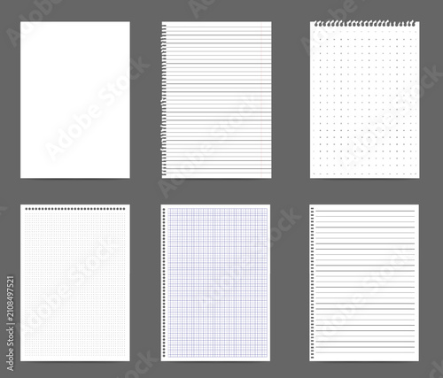 Notebook and journal mockup set with various styles of torn paper sheets on a gray background