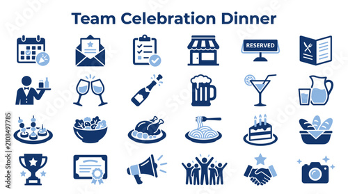 Set of office party and team celebration icons featuring food drinks awards and social gathering symbols for corporate event planning and business dinner