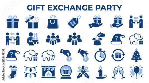 Gift exchange party icons set featuring holiday celebration symbols and festive elements for seasonal events and corporate office gatherings