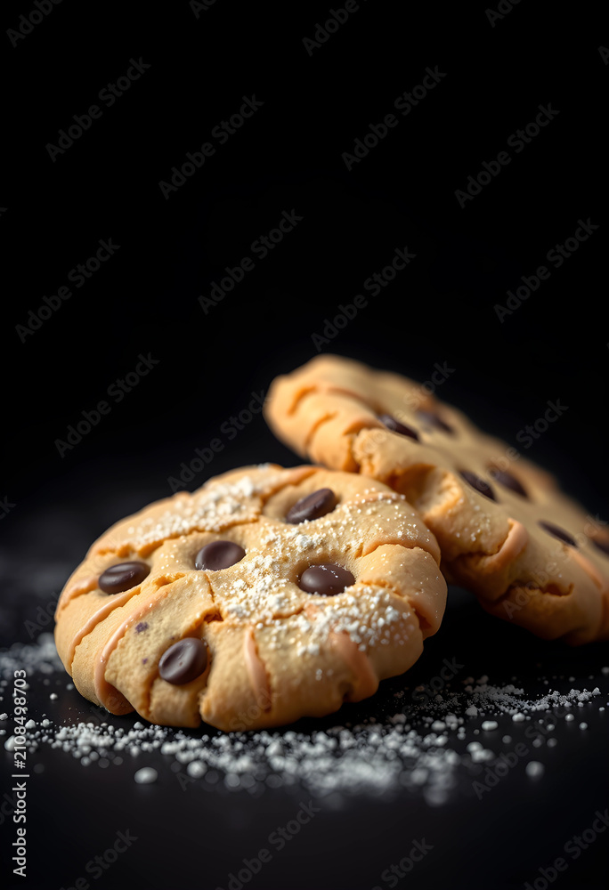 Fototapeta premium Close-up of two chocolate chip cookies with powdered sugar