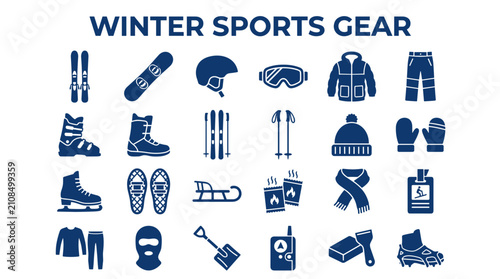 Bild auf Leinwand Set of winter sports equipment and clothing flat icons for ski resort or outdoor