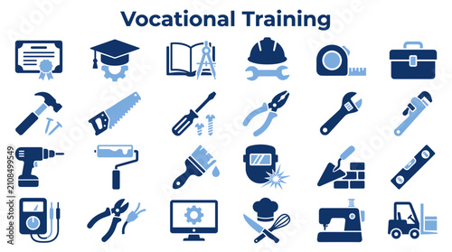 Vocational training and trade skills icon set featuring construction tools education symbols and professional development equipment for technical education