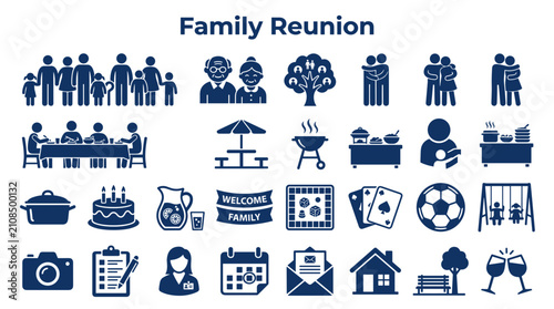 Family reunion icons set featuring celebrations social gatherings and recreational activities in a solid blue graphic style