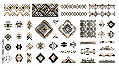 Tribal Pattern Collection: A diverse assortment of ethnic patterns and geometric designs, featuring intricate weaving and bohemian-inspired motifs in earthy tones. Perfect for textile design.