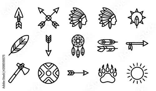 Foto Generic Native American arrows and headdresses vector icon set with simple bold