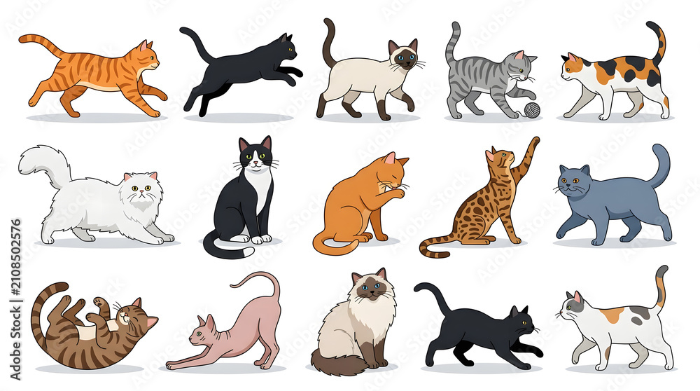 Obraz premium Variety of Cat Breeds: A charming collection of cat illustrations, showcasing diverse breeds in various playful poses, capturing the essence of feline companionship.