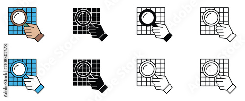 Quadro su tela Magnifying Glass and Hand Illustration Collection on Grid Paper Featuring Search