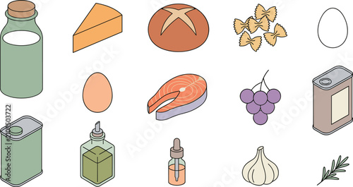 Isometric Food Icon Set with Milk Cheese Bread Pasta Egg Salmon Grapes Olive Oil Garlic and Rosemary Illustration for Grocery Design