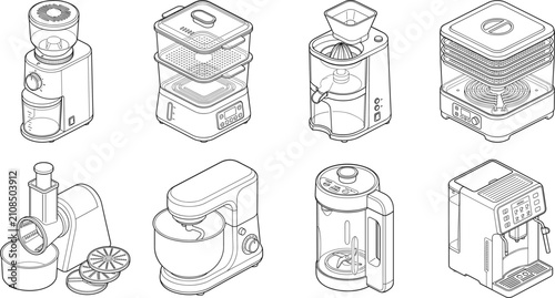 Foto Kitchen Appliance Outline Vector Set with Coffee Makers, Mixer, Steamer and Food