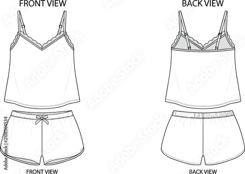 Foto Technical flat vector illustration of a women camisole and sleep shorts set in f