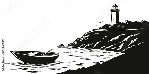 Black silhouette of boat on calm water with lighthouse night