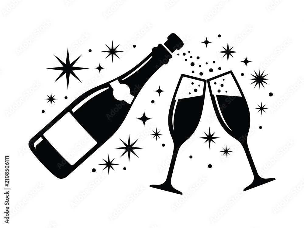 Fototapeta premium Black silhouette of champagne bottle and glasses with sparkling stars on a white background for celebration concepts