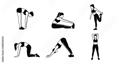 фотографія Human silhouettes performing stretching exercises black vector illustration