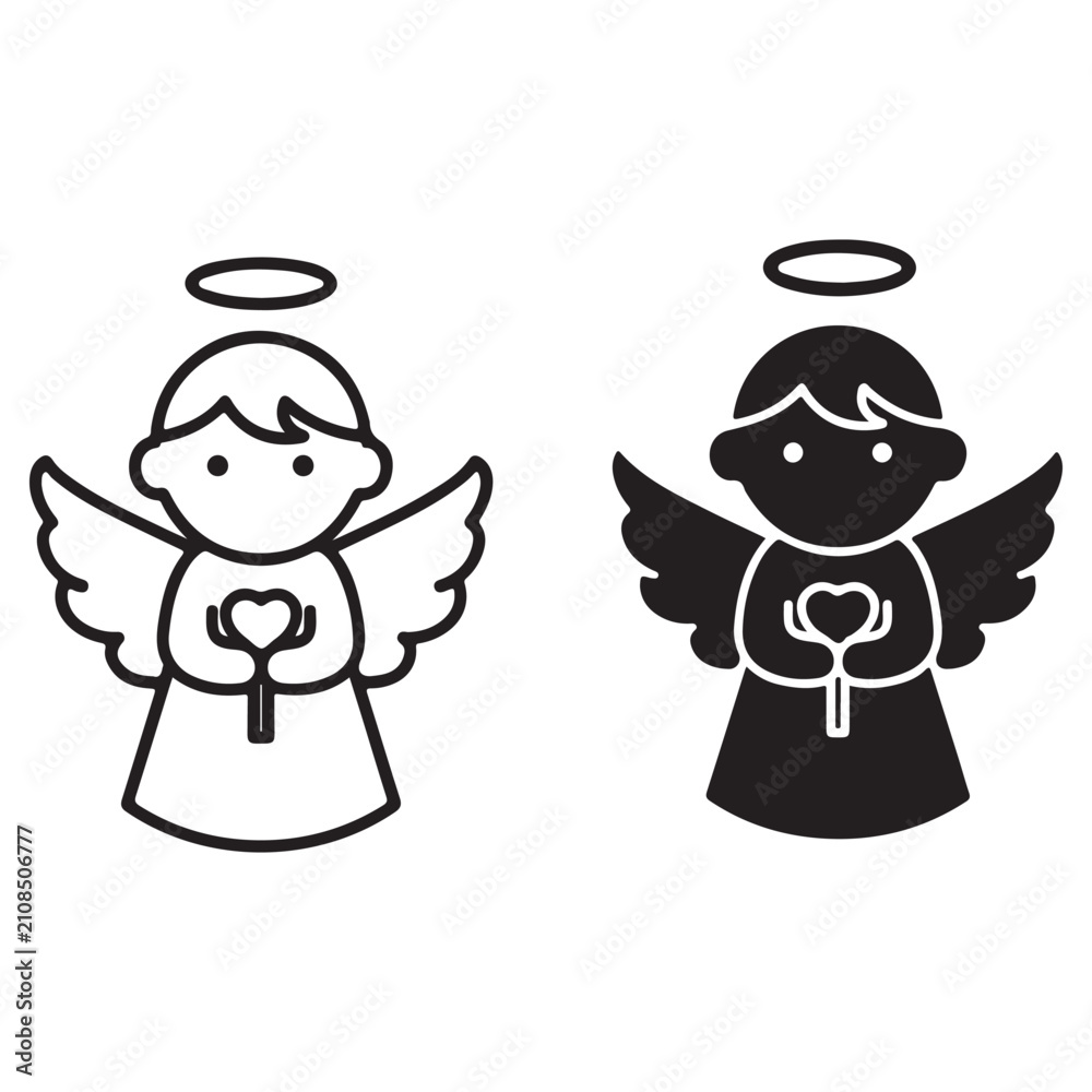 Obraz premium Angel vector icon set with halo wings and heart in outline and silhouette style for spiritual and religious design
