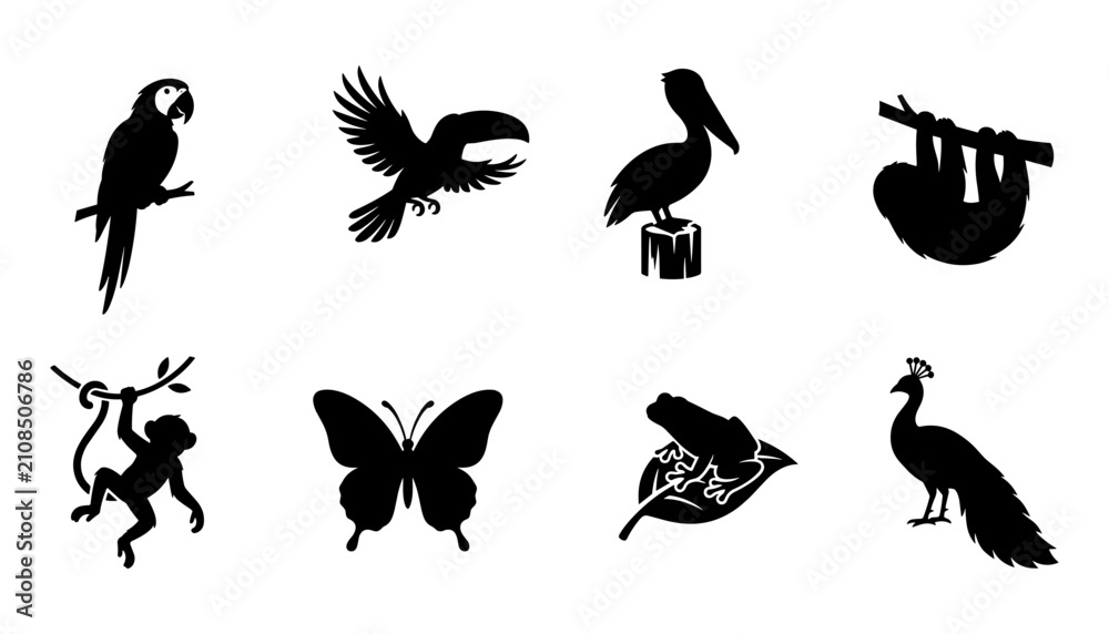 Obraz premium Animals Including a Parrot, Toucan, Pelican, Sloth, Monkey, Butterfly, Hummingbird, and Peacock in Silhouette