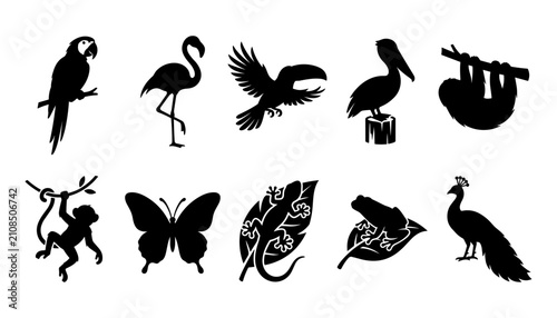 Photography Animals Silhouettes Including Parrot, Flamingo, Toucan, Pelican, Sloth, Monkey,