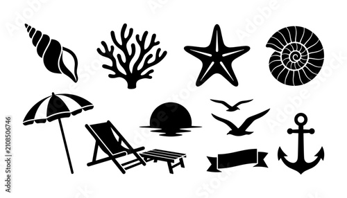 Quadro su tela Beach Icons Including Seashell, Starfish, Coral, Umbrella, Deck Chair, Sun, Bird