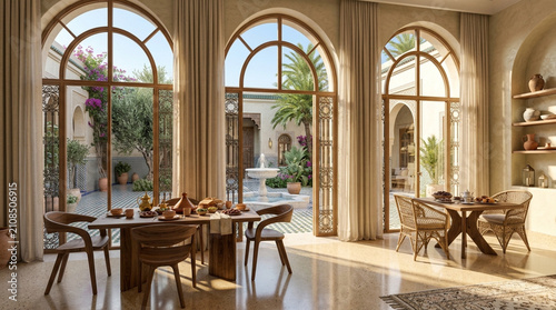 Luxurious Moroccan Courtyard Dining Room with Arched Windows