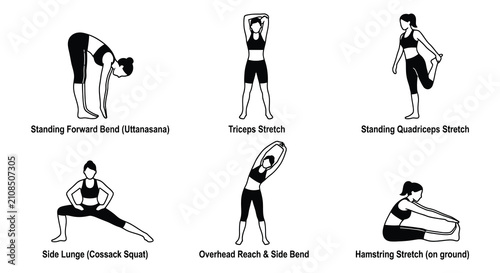 Canvastavla Human silhouettes performing stretching exercises black vector illustration