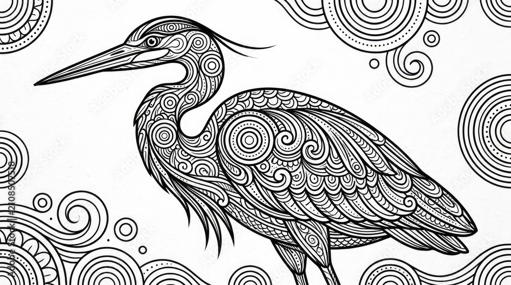 Obraz premium Intricate black and white heron line art illustration.