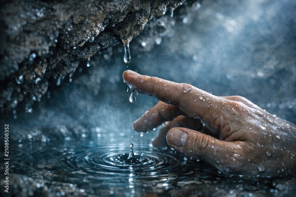 Fototapeta premium A hand outstretched, trying to grasp a single drop of water
