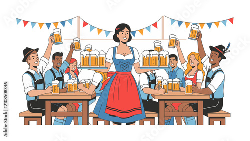 Oktoberfest Celebration: A lively scene unfolds at an Oktoberfest celebration, with a waitress serving overflowing mugs of beer to jovial patrons seated at wooden tables.