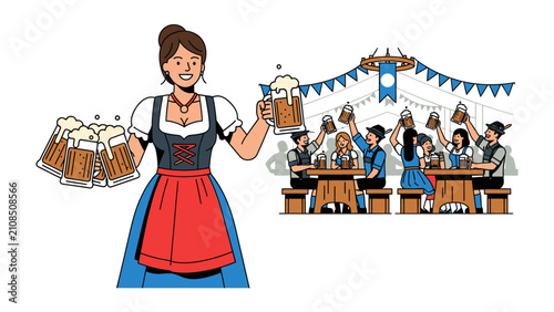 Bavarian Celebration: A cheerful waitress in traditional attire serves frothy beer mugs at a lively festival, while patrons raise their glasses in a toast under festive bunting.