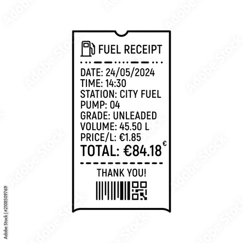 Fuel receipt icon displaying unleaded gas purchase with barcode and qr code.