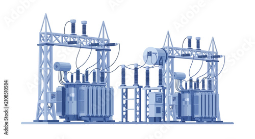 Industrial Electrical Substation Vector Illustration with High Voltage Transformers and Power Grid Infrastructure Components Isolated on White