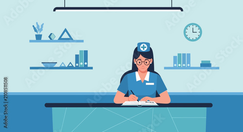 Nurse at reception desk writing notes, hospital interior, medical consultation concept