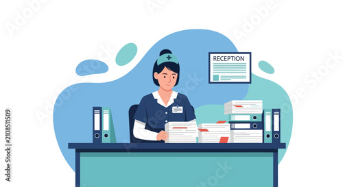 Nurse at reception desk with stacks of documents, hospital administration concept