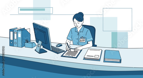 Nurse at reception desk, computer, documents, hospital administration, patient care