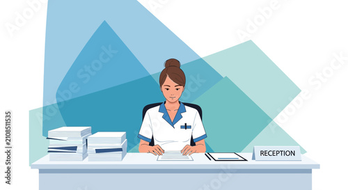 Nurse at reception desk with stacks of paper, patient interaction, hospital administration