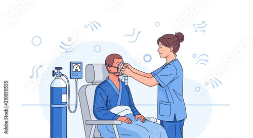 Nurse Attaching Oxygen Mask to Patient in Hospital Bed with Oxygen Tank