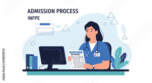 Nurse at Desk Processing Admission, Medical Insurance Form
