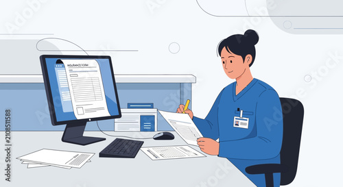 Nurse at desk reviewing patient files and computer data in modern clinic setting