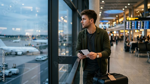 Young man waiting at airport terminal with luggage and boarding pass gazing outside through large window during daytime