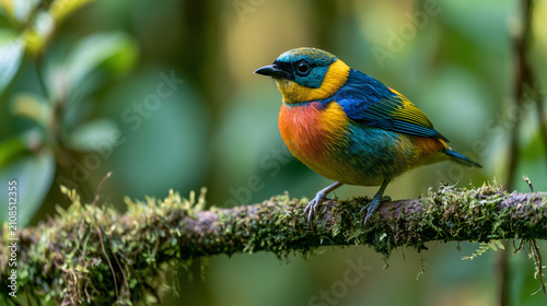 Exotic colorful bird perched gracefully on moss-covered branch in lush green forest