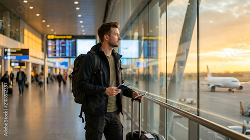 Traveling through modern airport terminal during sunset with travelers waiting for flights and airport facilities in the