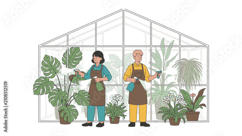 Konstfotografi Greenhouse Gardeners: Two individuals tend to a lush variety of houseplants inside a transparent greenhouse, meticulously watering and misting each plant to ensure optimal growth and health