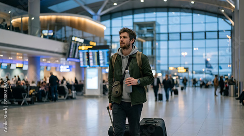 Travelers Waiting at Modern Airport Terminal with Luggage and Digital Flight Displays