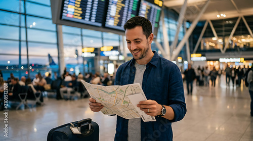 happy man with a travel map in an airport terminal looking excited about journey abroad