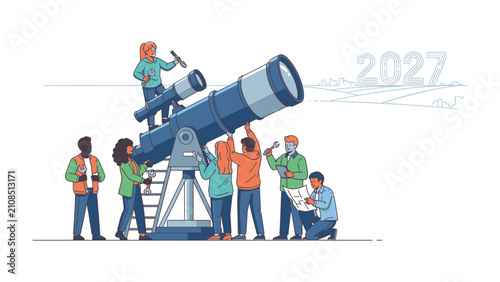 Obraz na płótnie Vision for 2027: A diverse team collaborates, gazing through a large telescope towards a distant horizon marked with the year 2027, symbolizing foresight and future planning