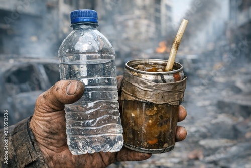 A person holding a bottle of water and a spoon, suitable for use in illustrations related to hydration or everyday life