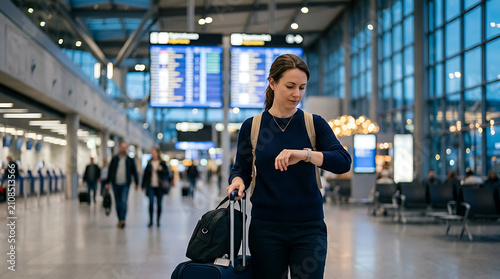 contemporary woman with backpack checking time at modern airport terminal with digital flight information displays and travelers