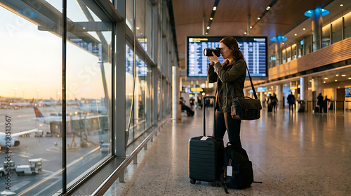 traveler capturing photo at airport terminal with luggage waiting for flight adventure excitement