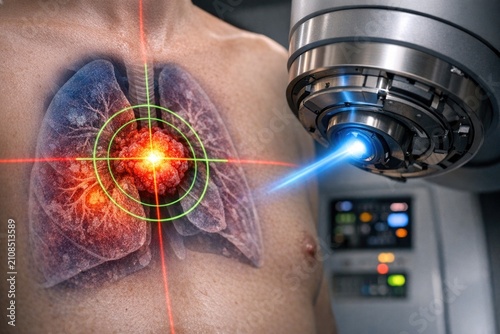 A person wearing a device with a laser pointer on their chest, possibly for medical or experimental purposes