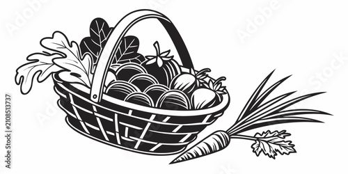 Canvastavla Black vegetable basket silhouette isolated on white background, handwoven basket